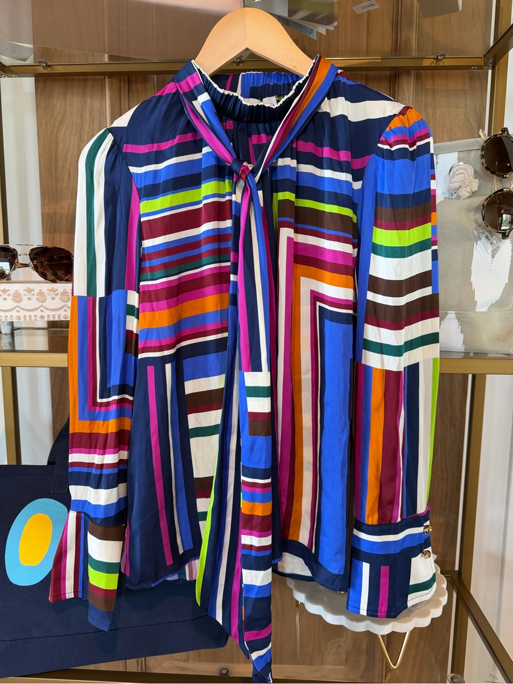 Multicolor Striped Tie-Neck Blouse in Bright Navy